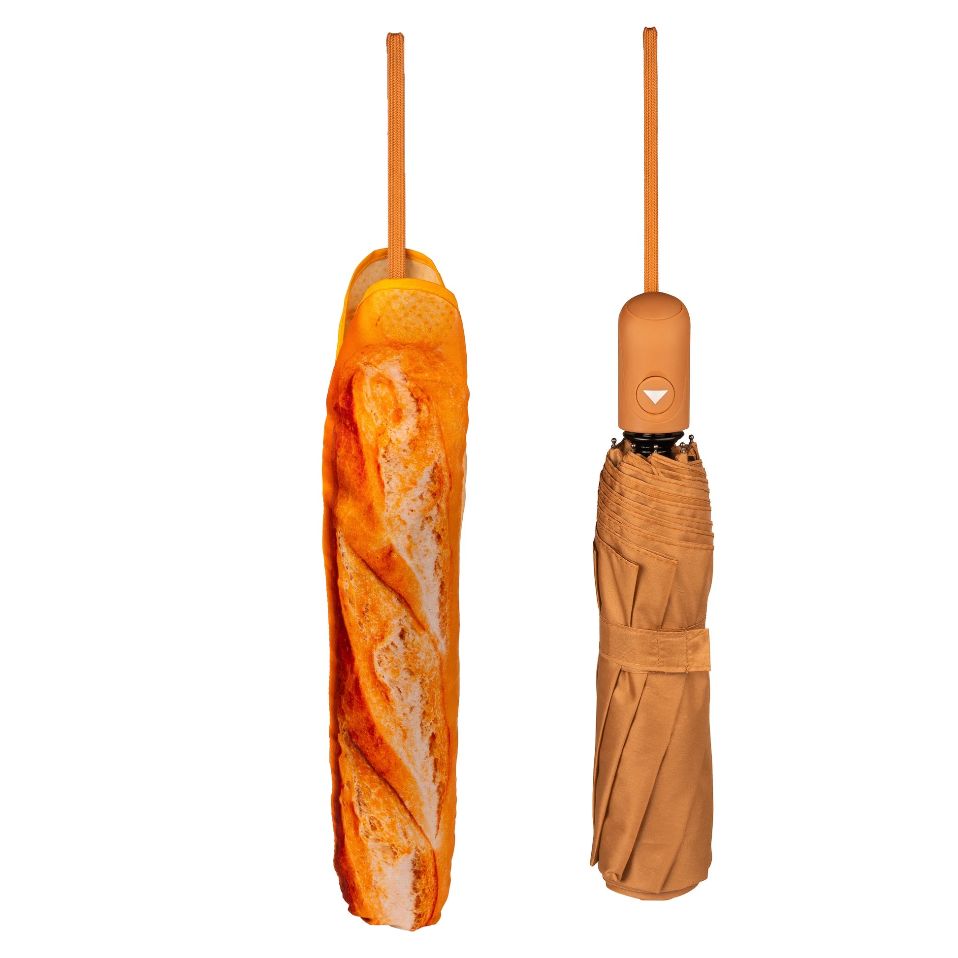 baguette umbrella's case is printed baguette design. when removed from case, as shown in 2nd image, the umbrella is a smart, camel color.