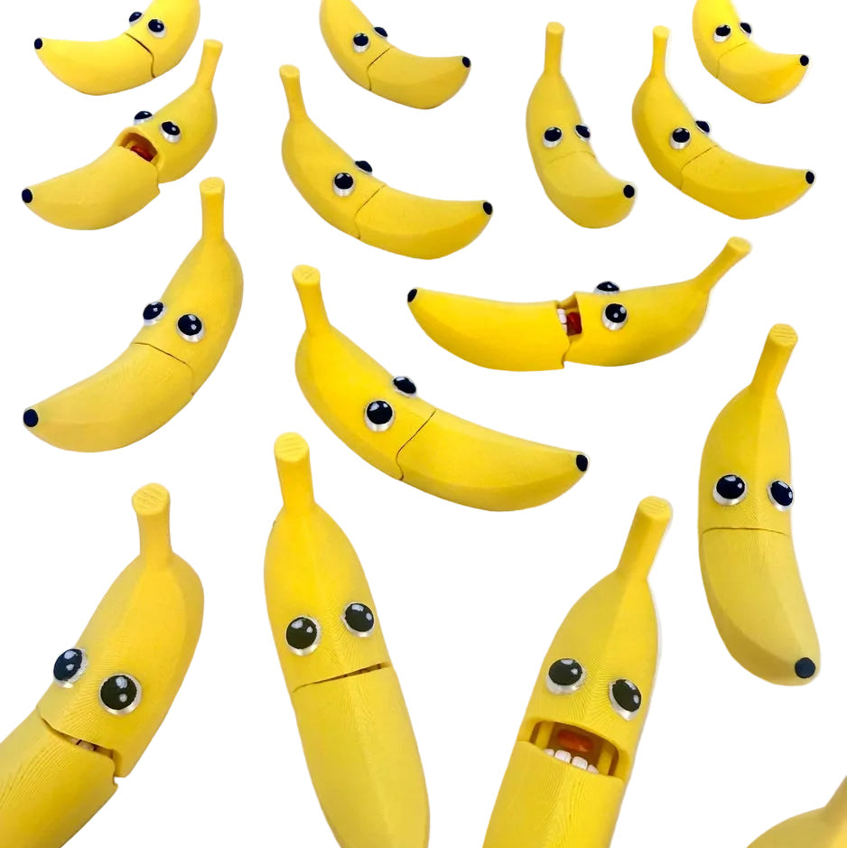 Banana-shaped products with facial expressions on a white background