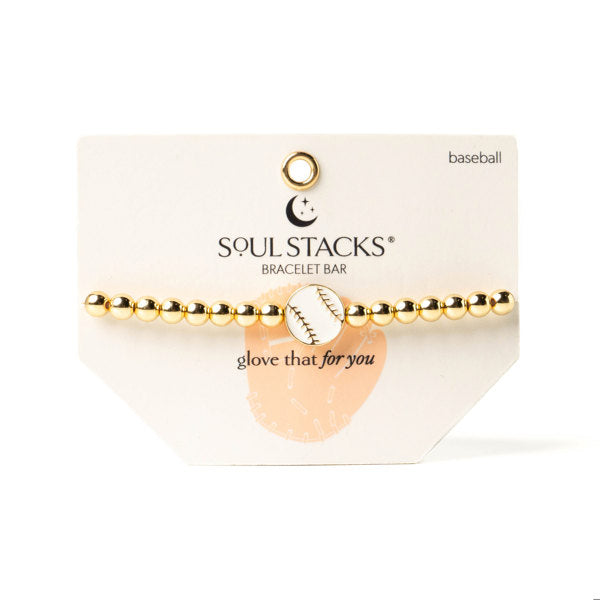 Soul stacks gold beaded bracelet with baseball charm on card packaging with text that reads "Glove that for you"
