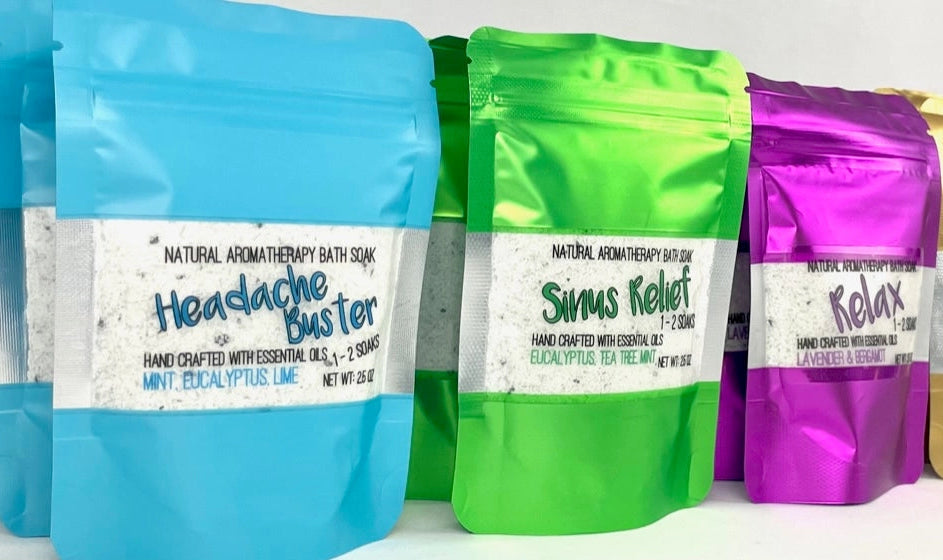 Row of colorful packaging bags with labels on a white background