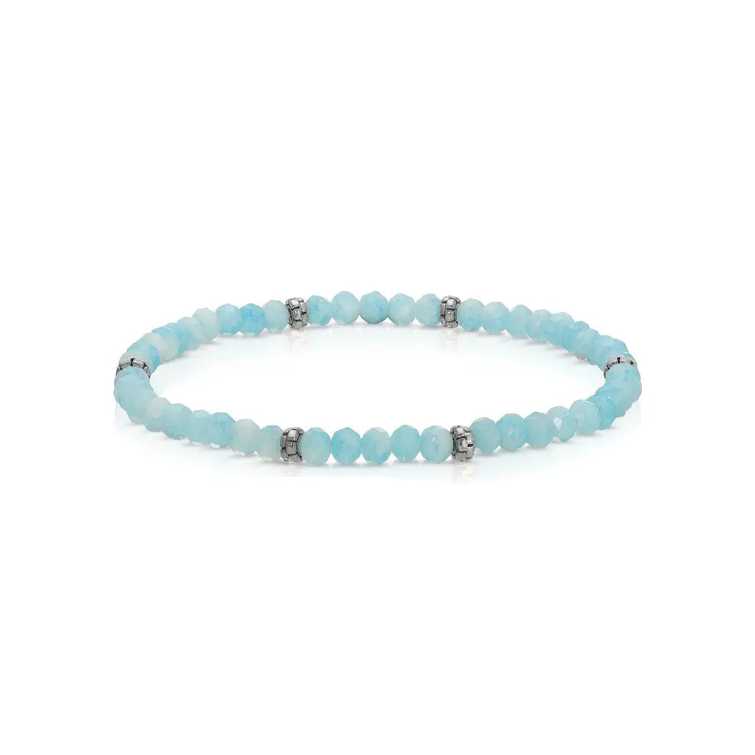 Blue and White "tiedye" beaded bracelet with silver accent beads on a white background