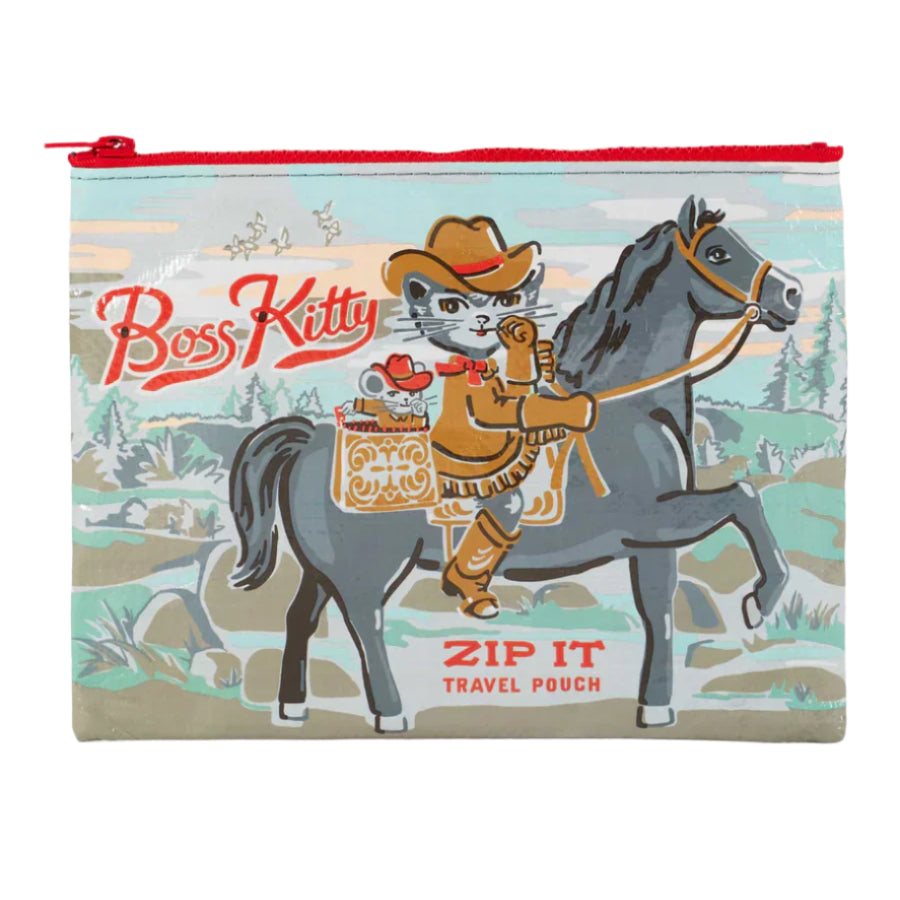 Travel pouch with a cat in a cowboy hat riding a horse that says "Boss Kitty" "Zip It, Travel Pouch"
