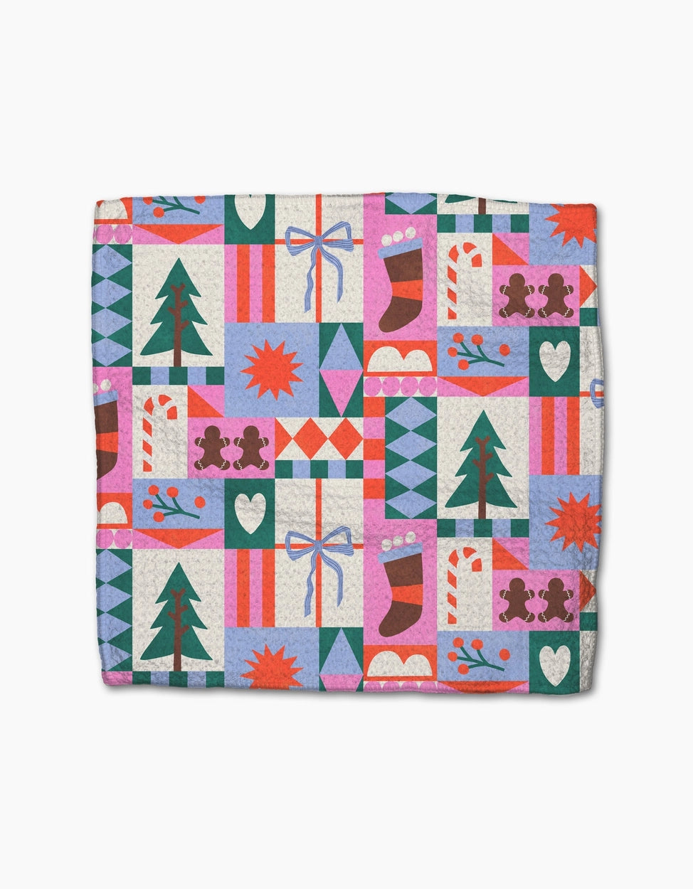 Colorful quilt with Christmas-themed patterns on a white background