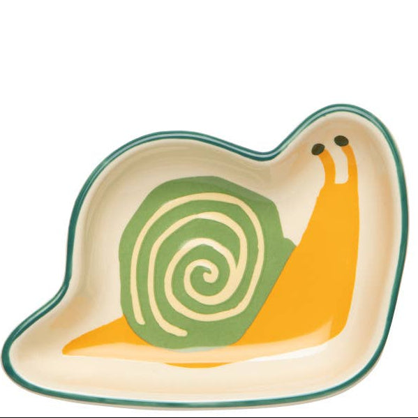 Mini cream colored bowl shaped like a yellow snail with a light green and cream shell on a white background