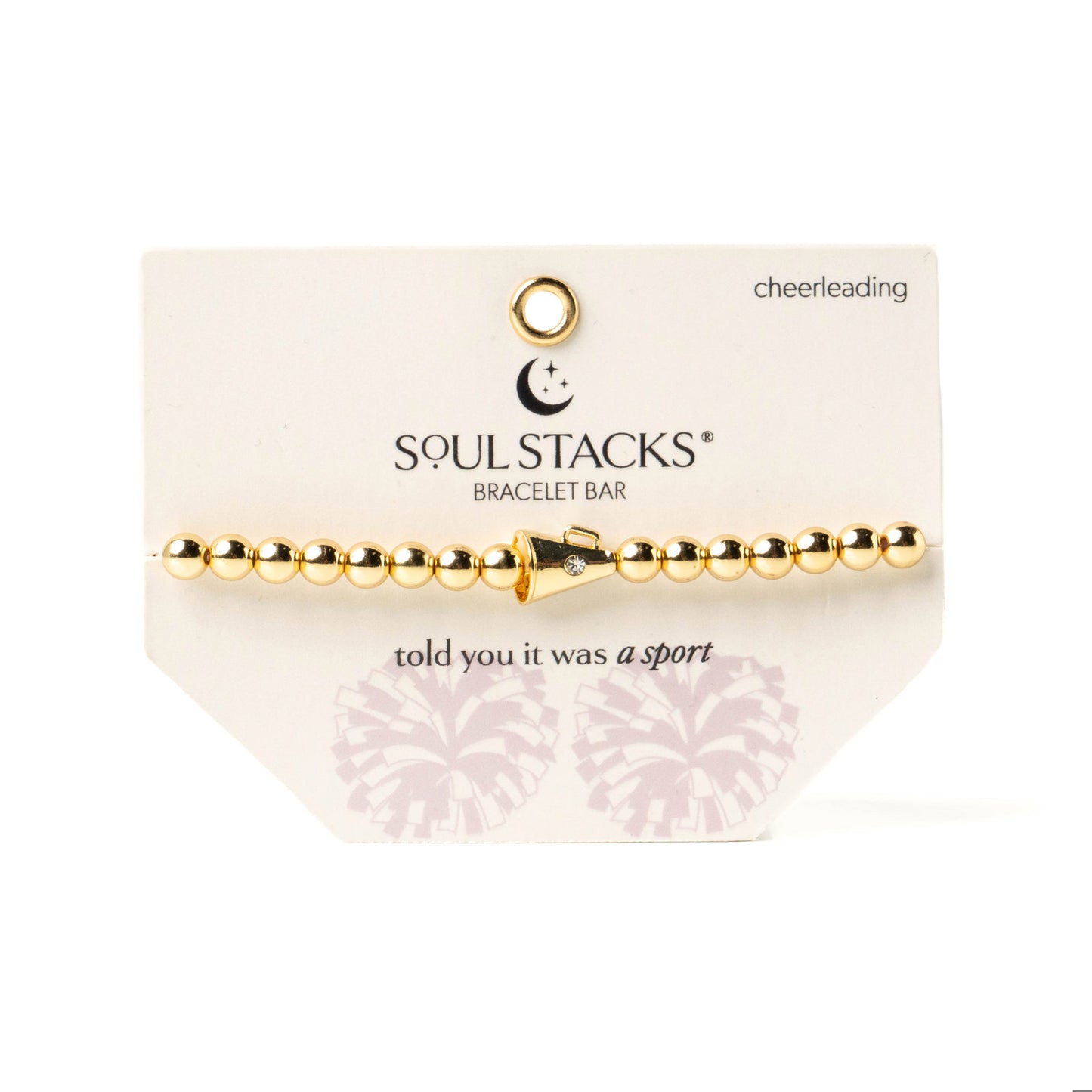 Soul stacks gold beaded bracelet with cheerleading megaphone charm on card packaging with text that reads "Told you it was a sport"