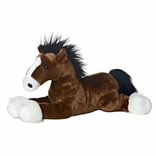 Plush brown horse toy on a white background