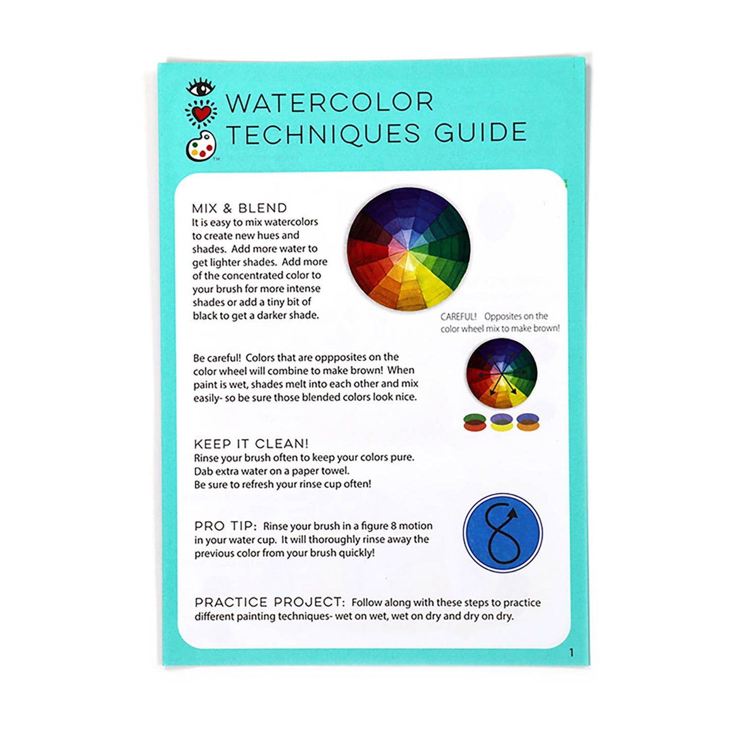 Watercolor Techniques Guide with color wheel and text on a white background