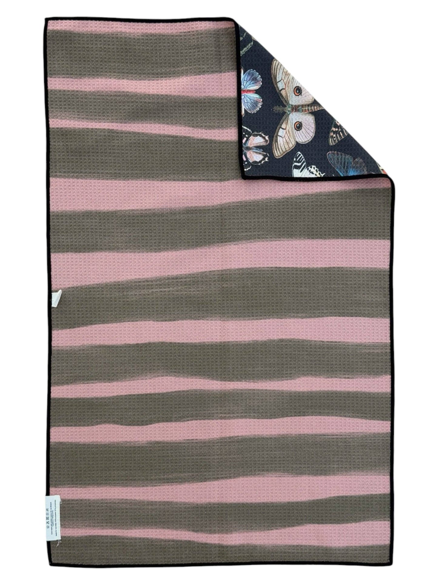 Striped blanket with pink and gray horizontal stripes on a white background