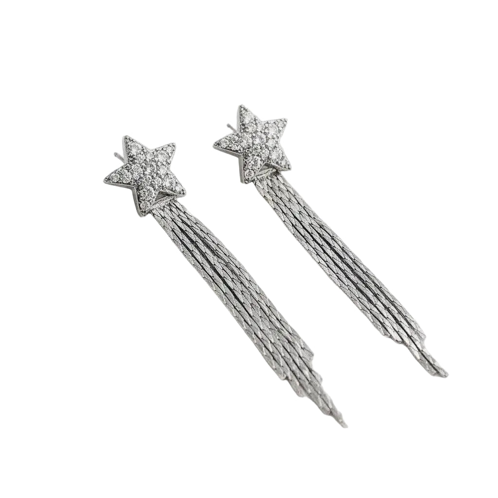 Star-shaped earrings with tassels on a white background