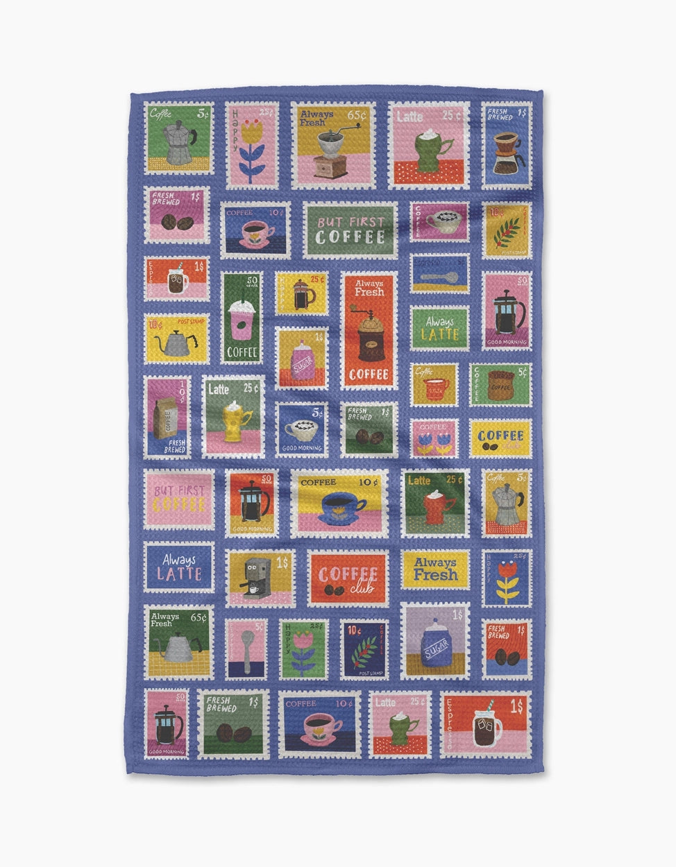 Tea towel with coffee-themed postage stamp designs on a blue background