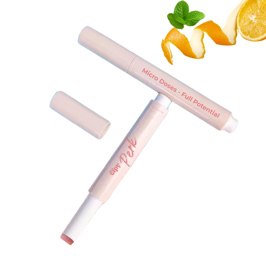 Two lip gloss products with 'She's Peel' branding on a pink and green background with citrus elements.