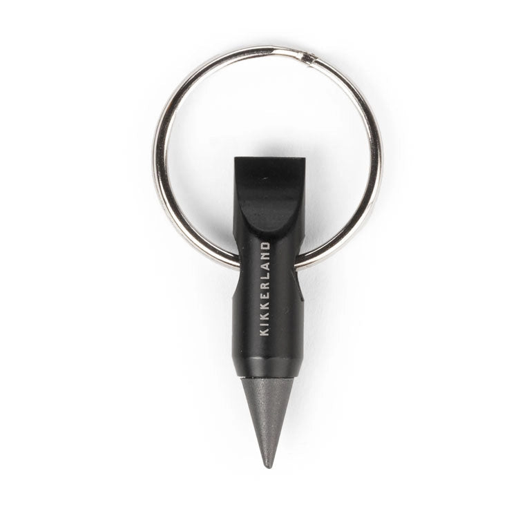 Black and silver keychain featuring an everlasting pencil, branded 'Kikkerland', on white background