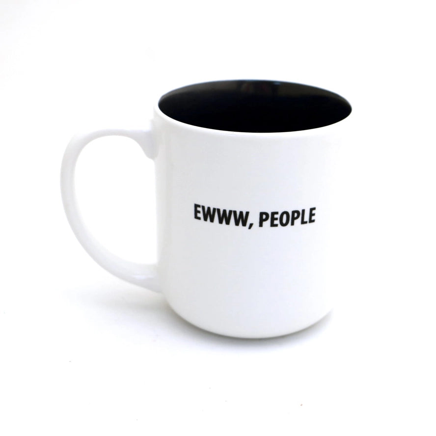 white and black mug with the words eww people on one side, antisocial butterfly on the other side. Quirky gift for homebodies
