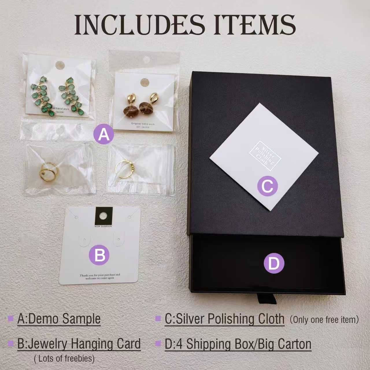 Jewelry set with packaging and accessories on a light background
