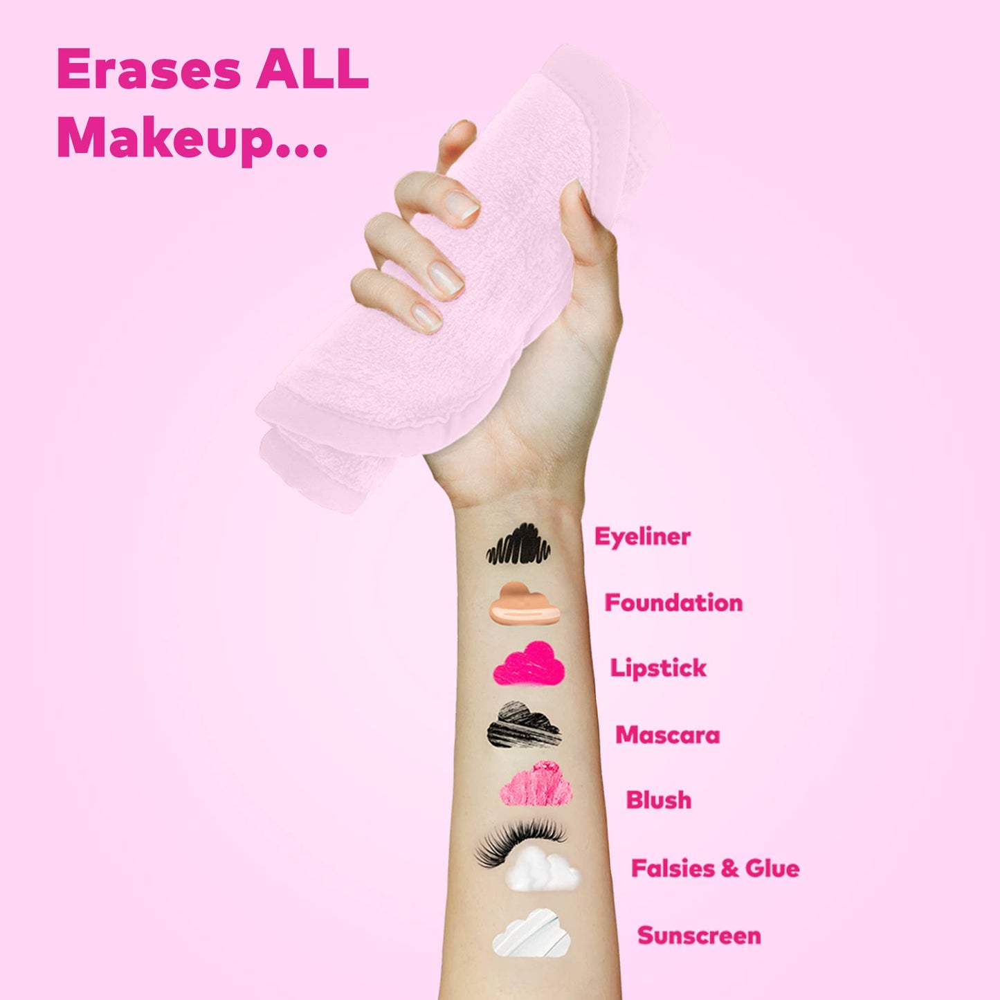 Hand with makeup removal products and text on a pink background