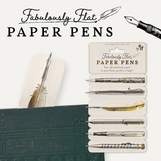 Packaging of Fabulously Flat Paper Pens with a green notebook and feather illustration.