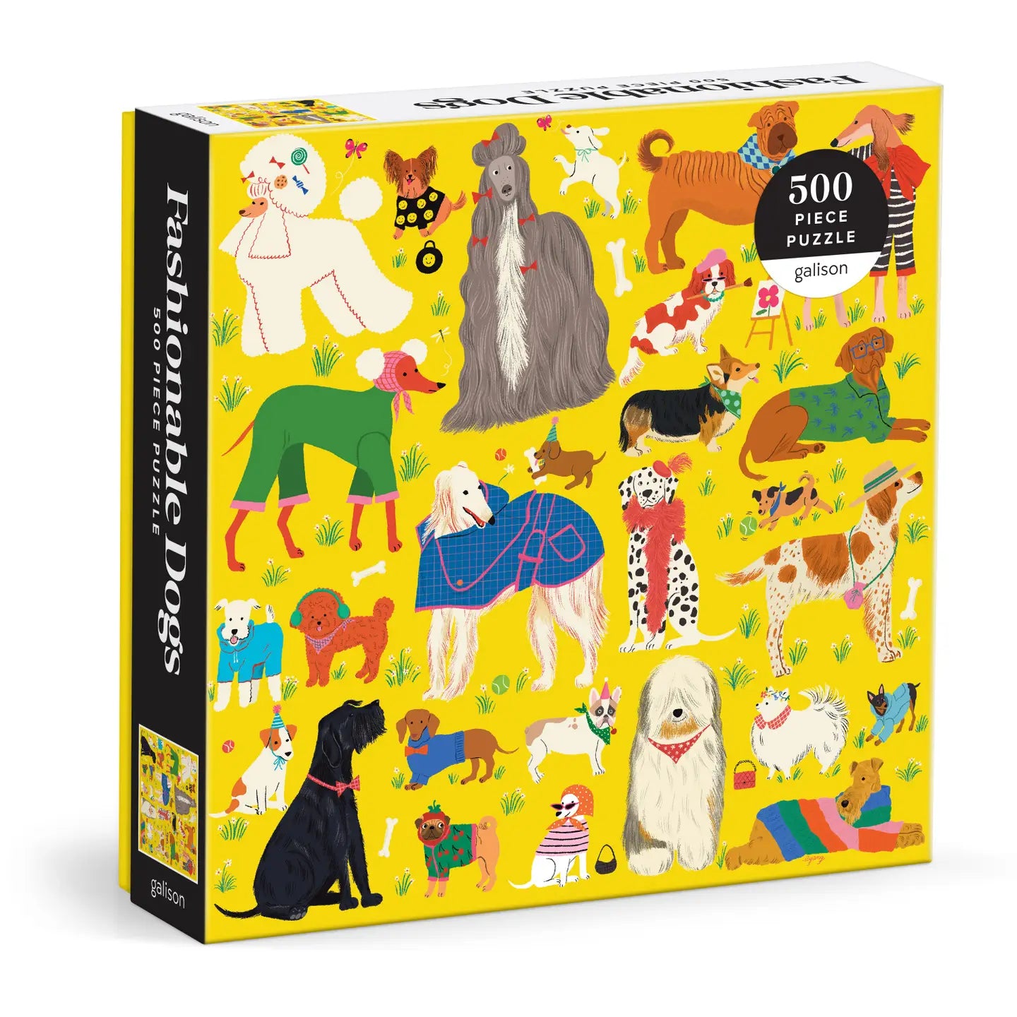 A 500-piece puzzle box featuring colorful illustrations of various dogs in fashionable attire on a yellow background, with the Galison brand name and the text '500 Puzzle' visible.