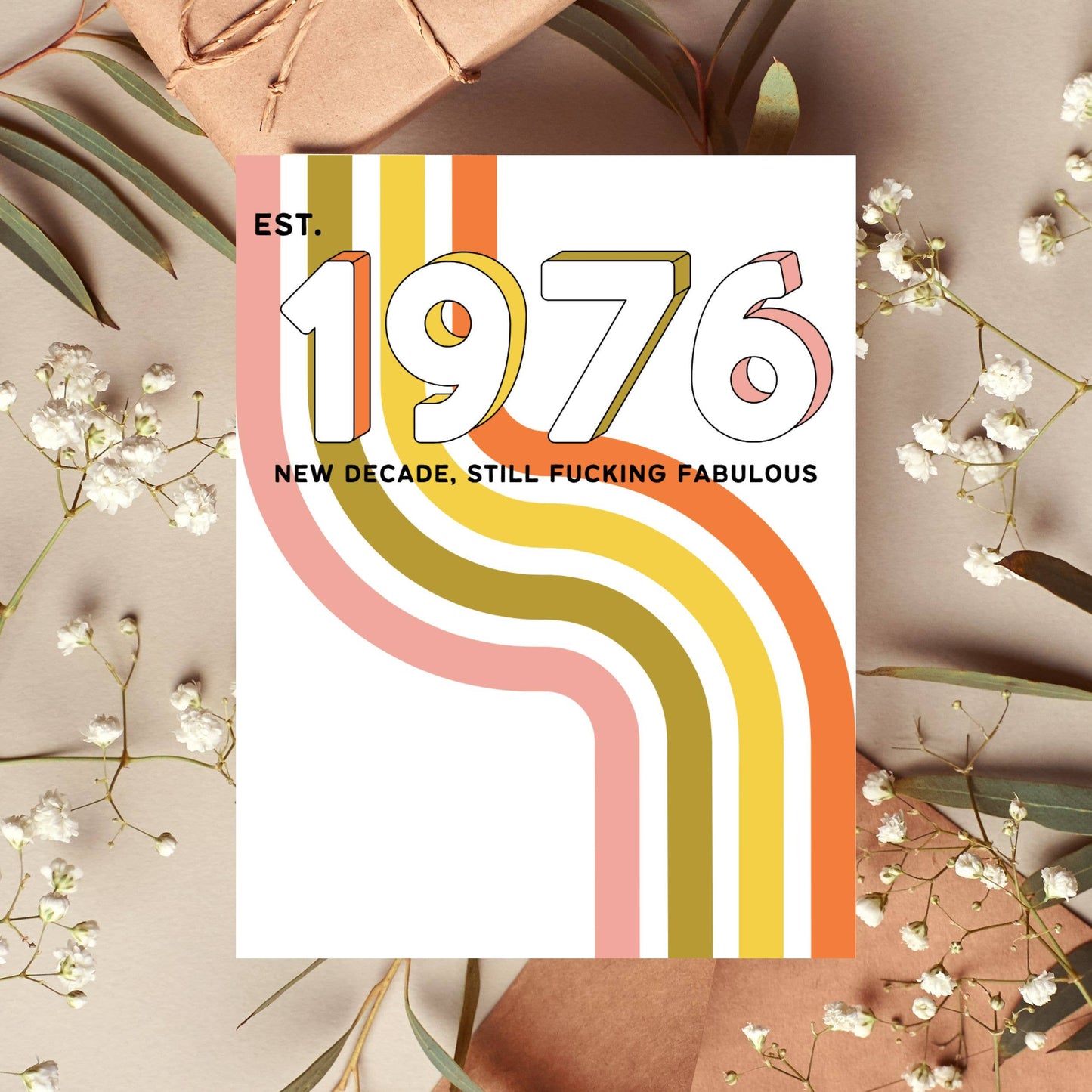 Poster with '1976' design surrounded by flowers and leaves