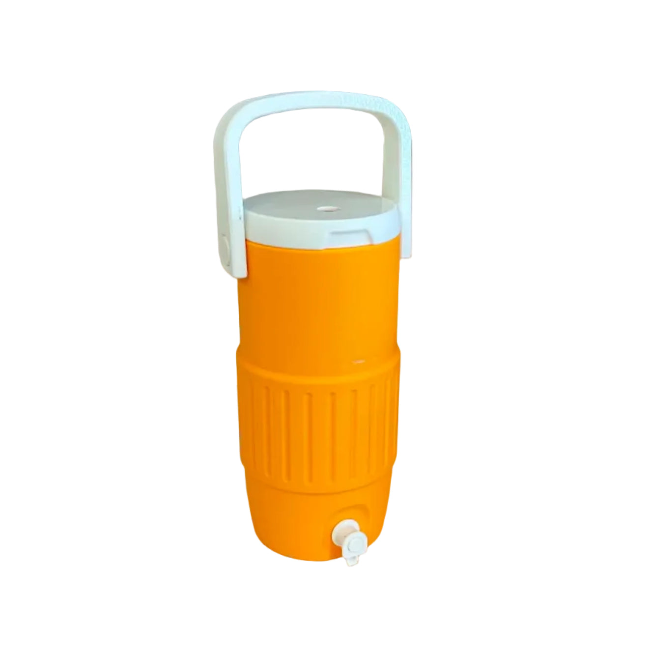 Orange water coolers with white handles on a wooden surface.