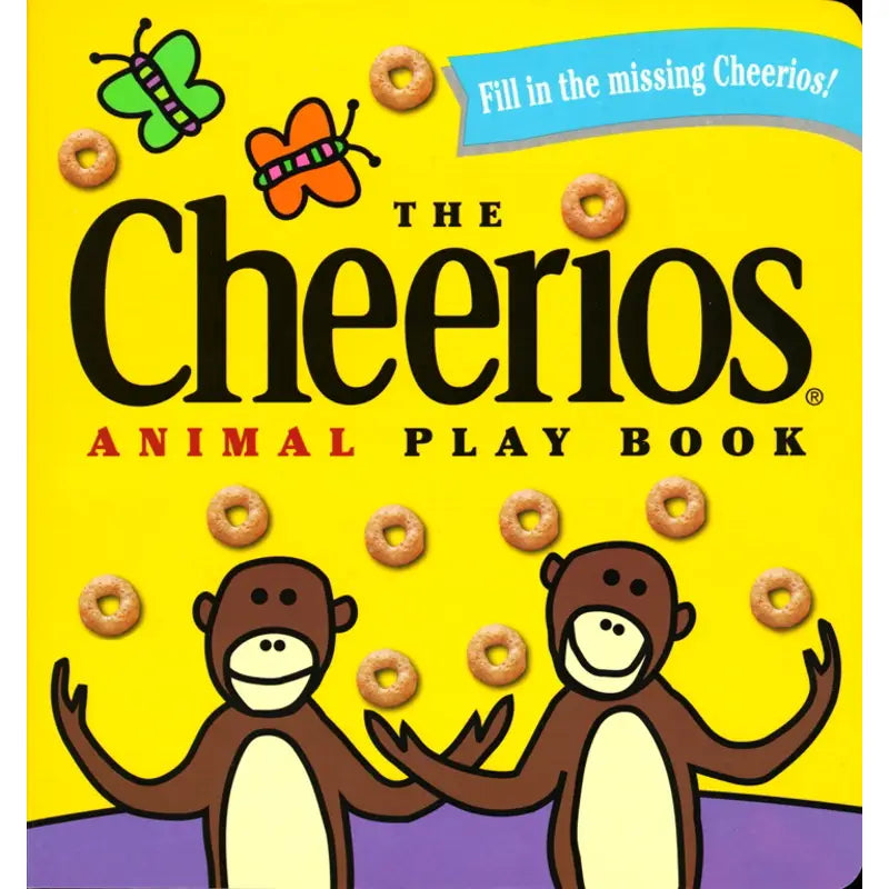 Cover of 'The Cheerios Animal Play Book' with two monkeys and colorful butterflies on a yellow background.