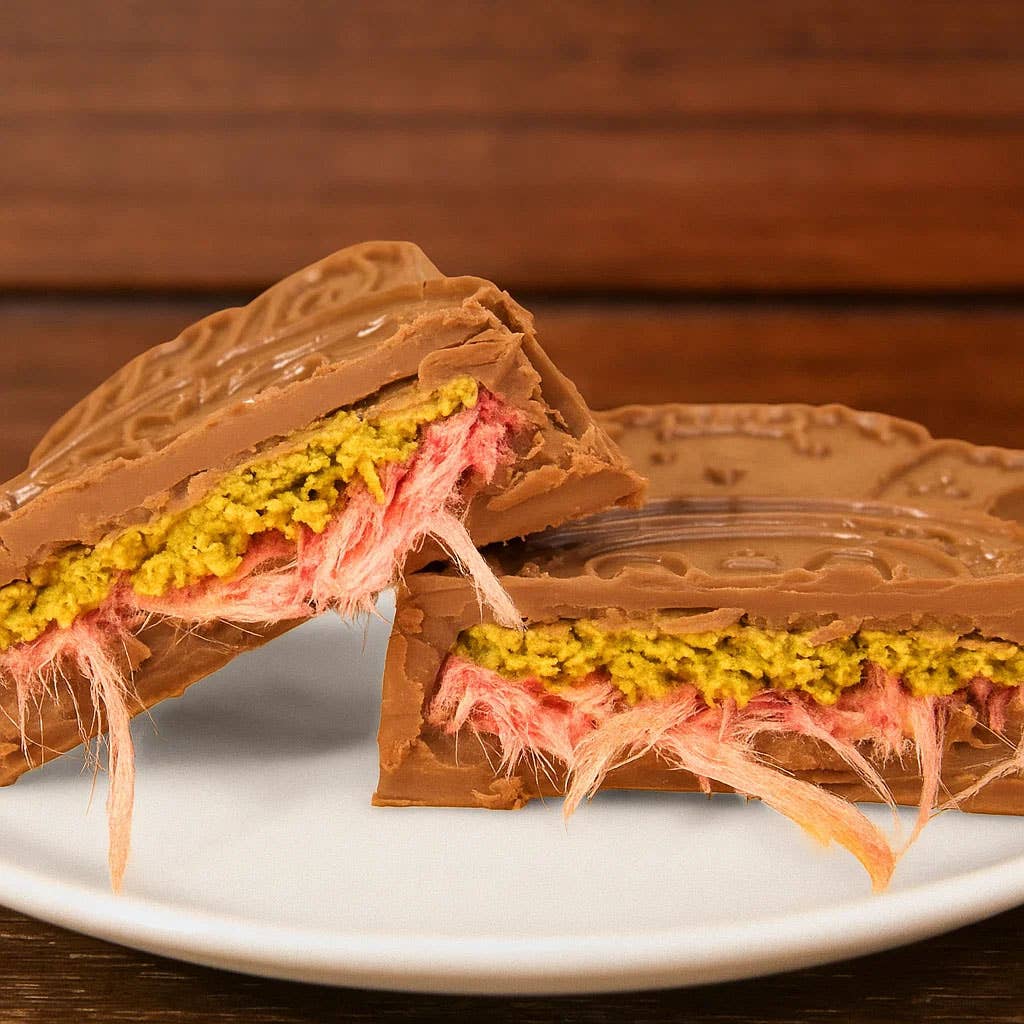 Half-eaten chocolate bar with pink and green filling on a white plate against a wooden background