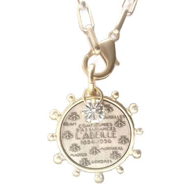 Matte Gold French Bee Coin Medallion Necklace