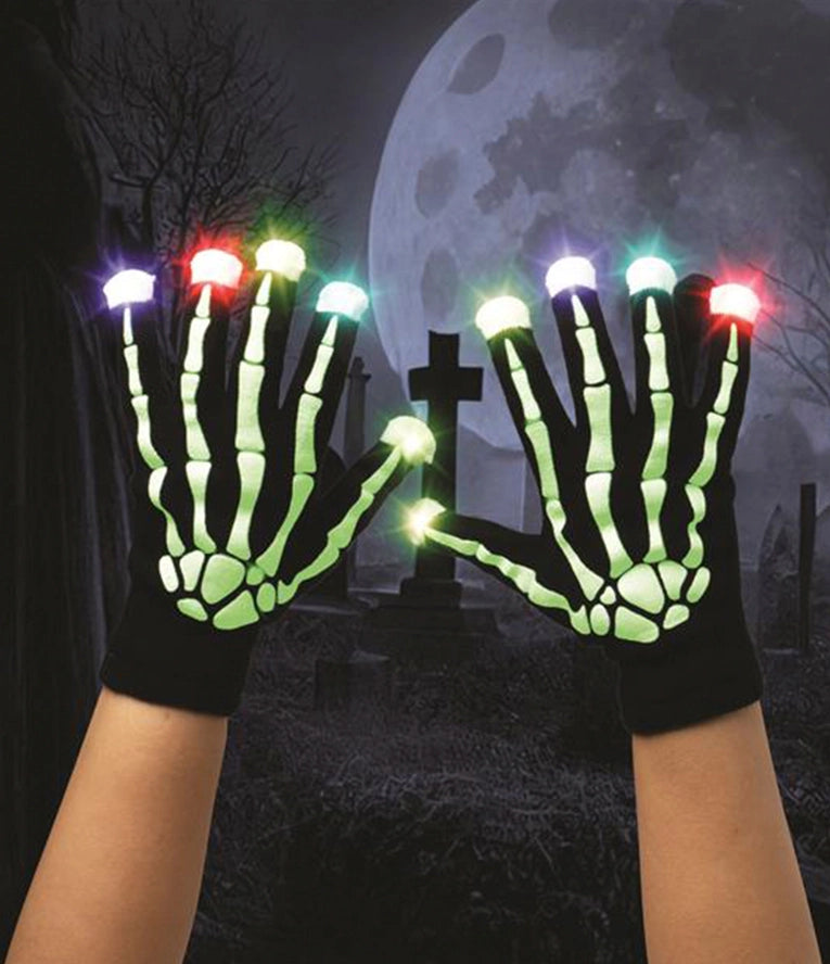 Glowing skeleton gloves with colorful lights against a spooky Halloween background.