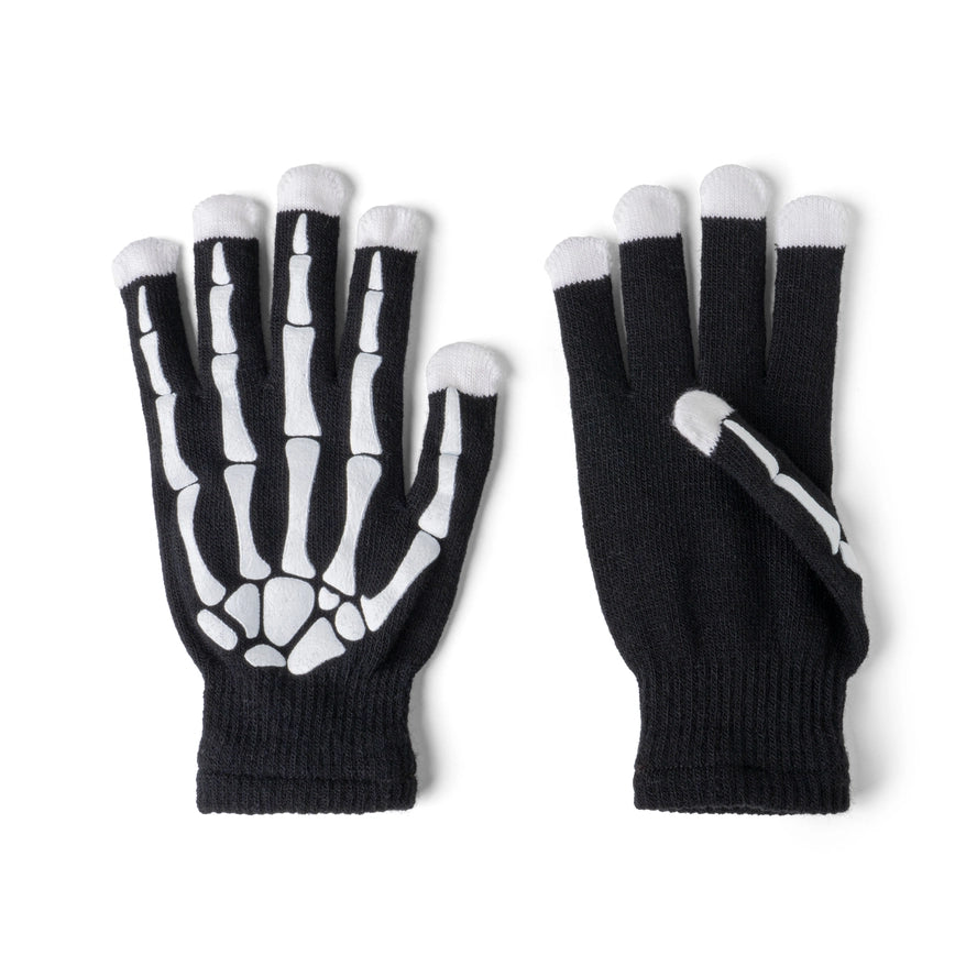 Black skeleton gloves with white bones on a white background