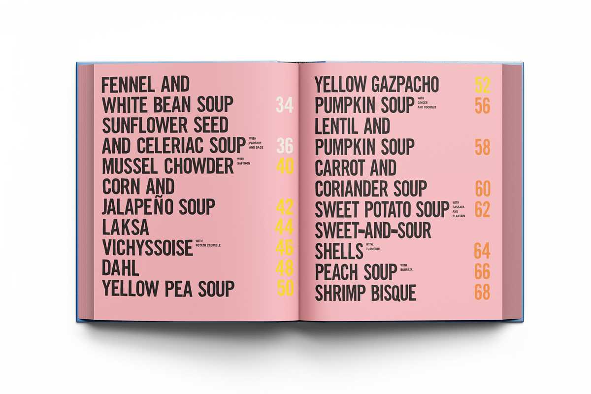Open book showing a soup menu with titles and page numbers on a pink background