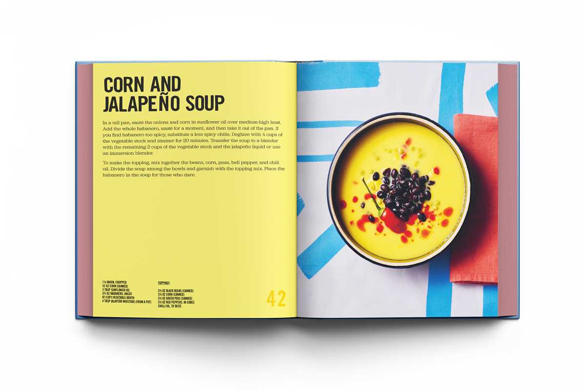 Open cookbook showing a page with corn and jalapeño soup recipe