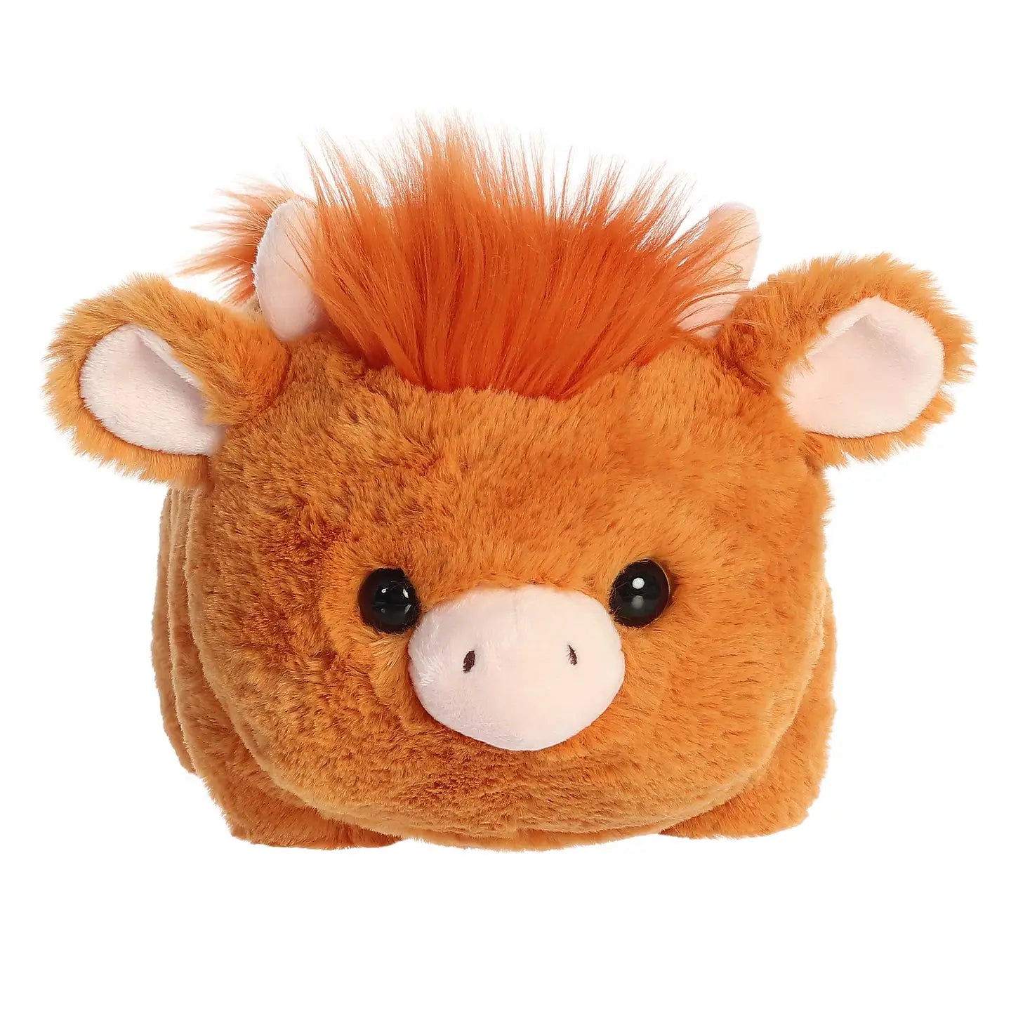 Plush toy resembling a bull with orange mane on a white background