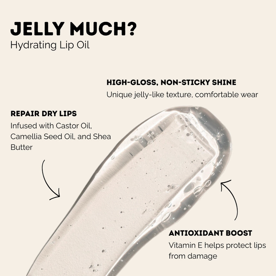 The texture of Jelly Much lip oil is shown along with some pros to this product:non sticky shine while being very glossy,repairs dry lips,gives and antioxidant boost.