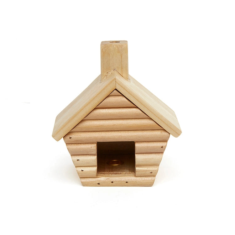 Wooden log cabin shaped incense burner on a white background