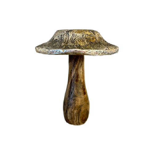 pictured is a wooden and metal mushroom decoration. The stem is a dark wood and the cap is silver metal.