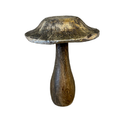 pictured is a wooden and metal mushroom decoration. The stem is a dark wood and the cap is silver metal.
