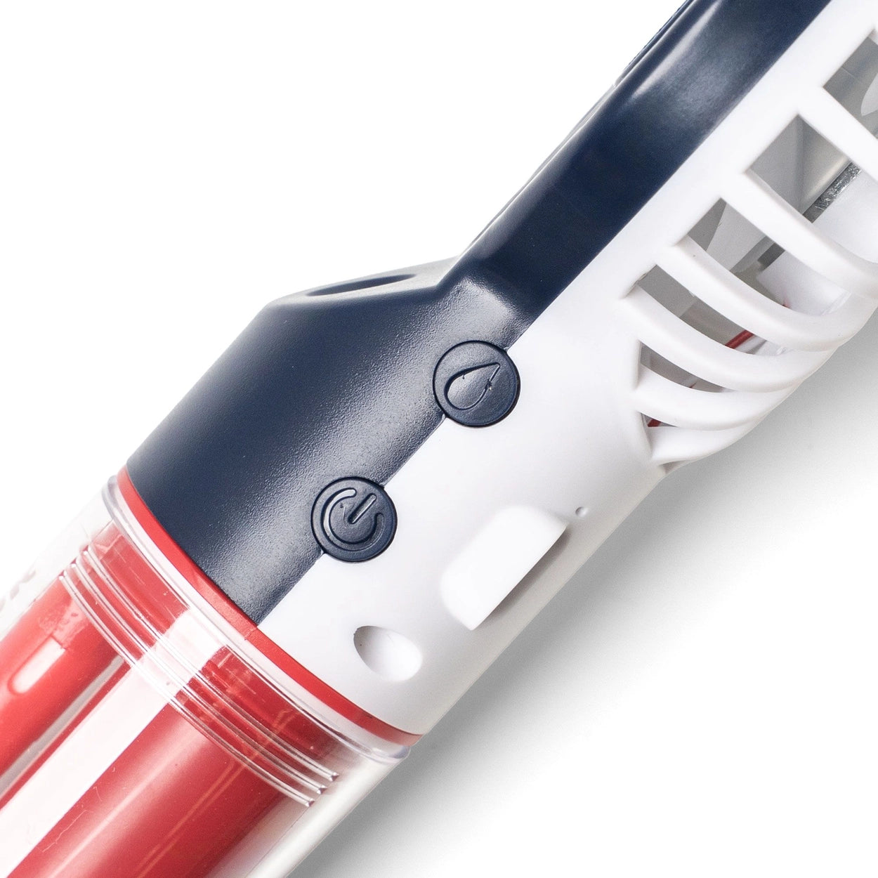 Close-up of a red, white, and blue handheld misting handheld fan on a white background