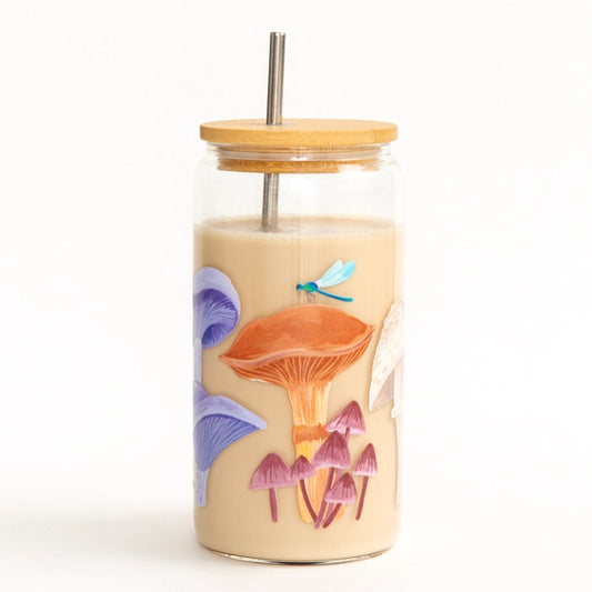 Mushrooms Glass Iced Coffee Cup with Straw