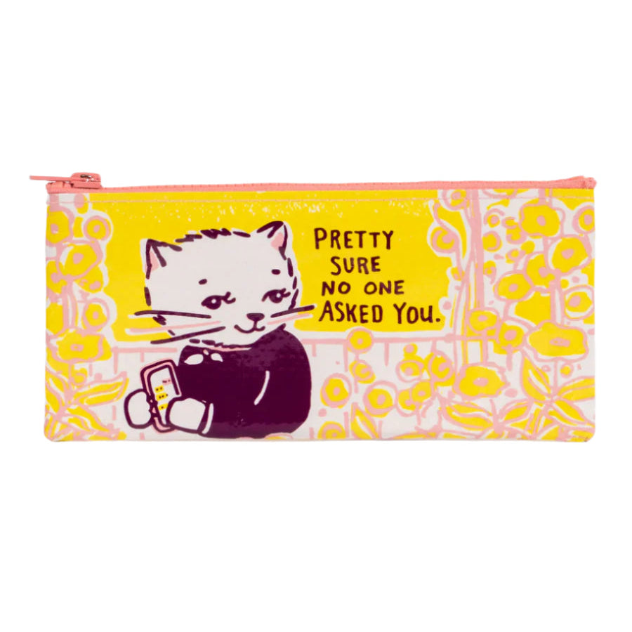 Yellow and pink pouch with a white cat in a dark sweater holding a smartphone illustration and text that says "pretty sure no one asked you"