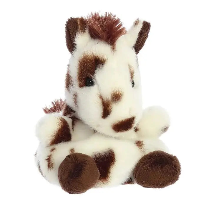 Plush horse toy with brown and white pattern on a white background