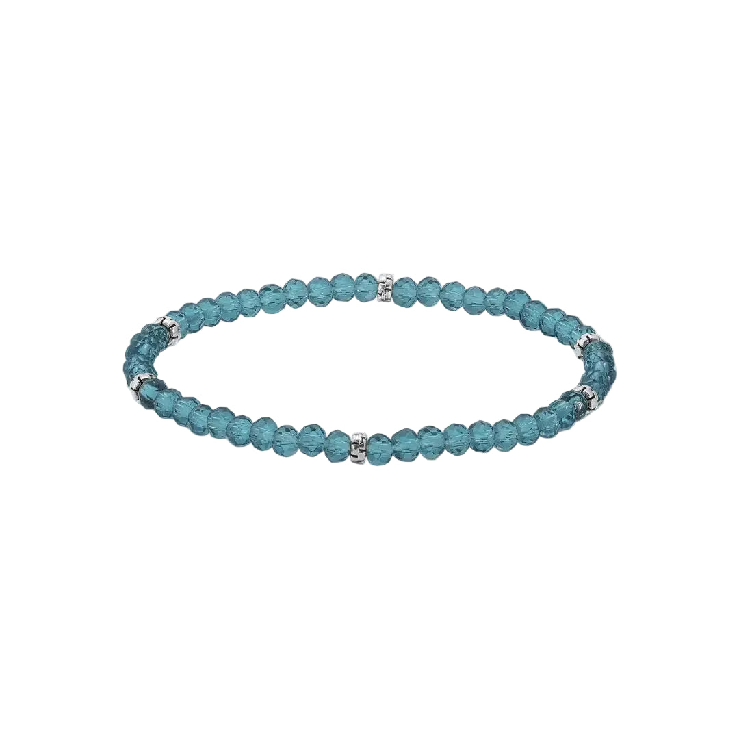 Peacock blue beaded bracelet with silver accent on a white background