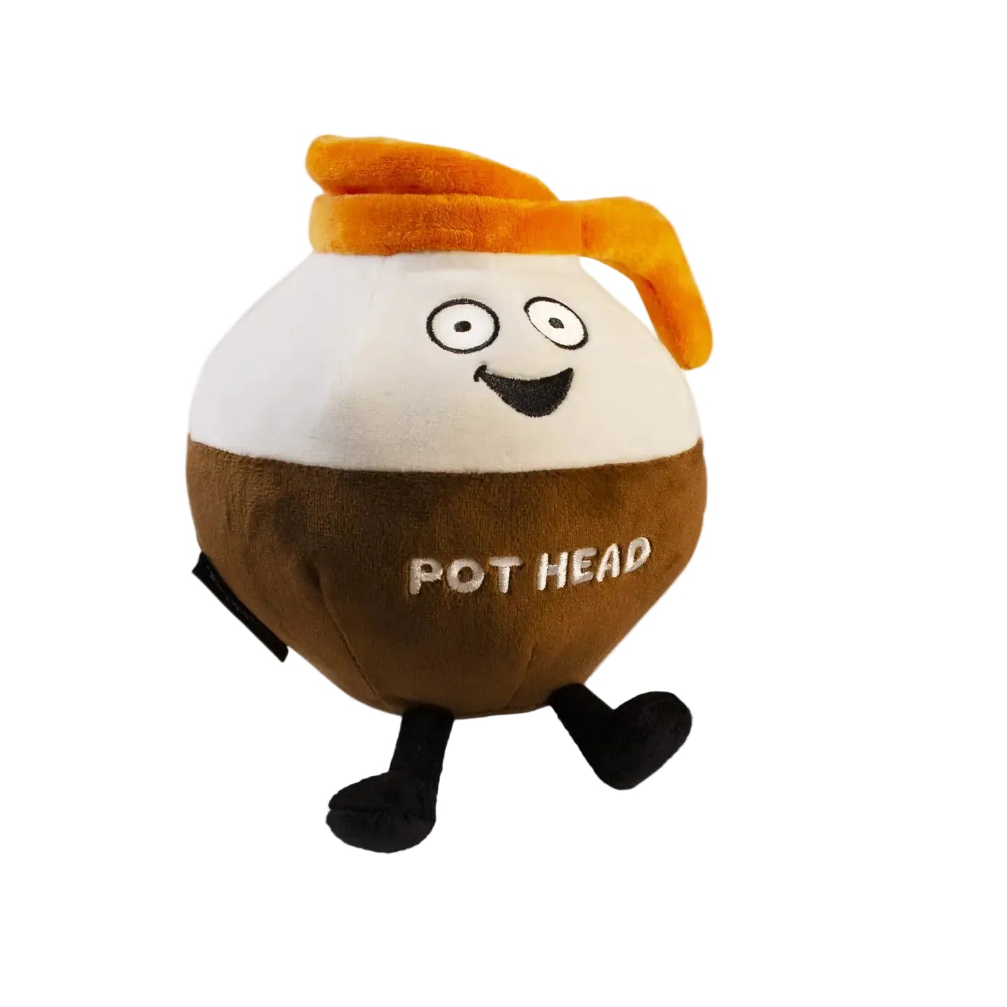 A plush toy resembling a coffee cup with a face and legs, and the text 'POT HEAD' on its body. It has a brown 'pot' and a white 'milk' part with a happy facial expression.