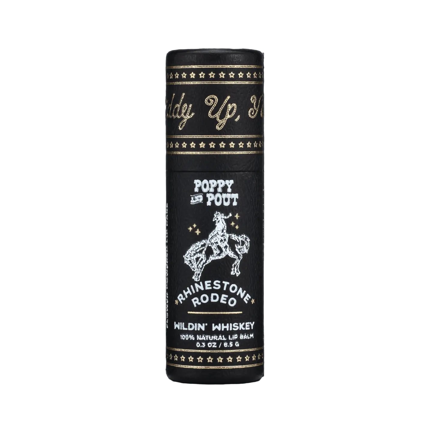Black lip balm packaging with white text and horse illustration on a black background