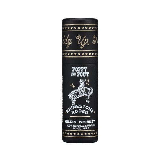 Black lip balm packaging with white text and horse illustration on a black background