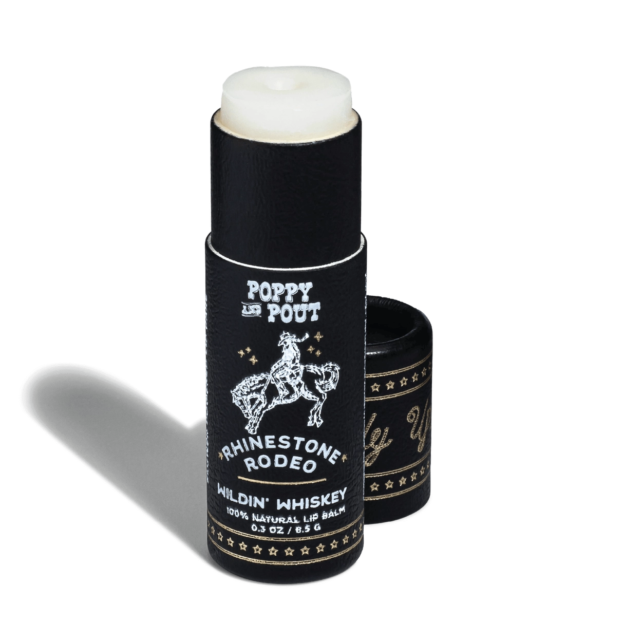 Black lip balm stick with branding on a white background