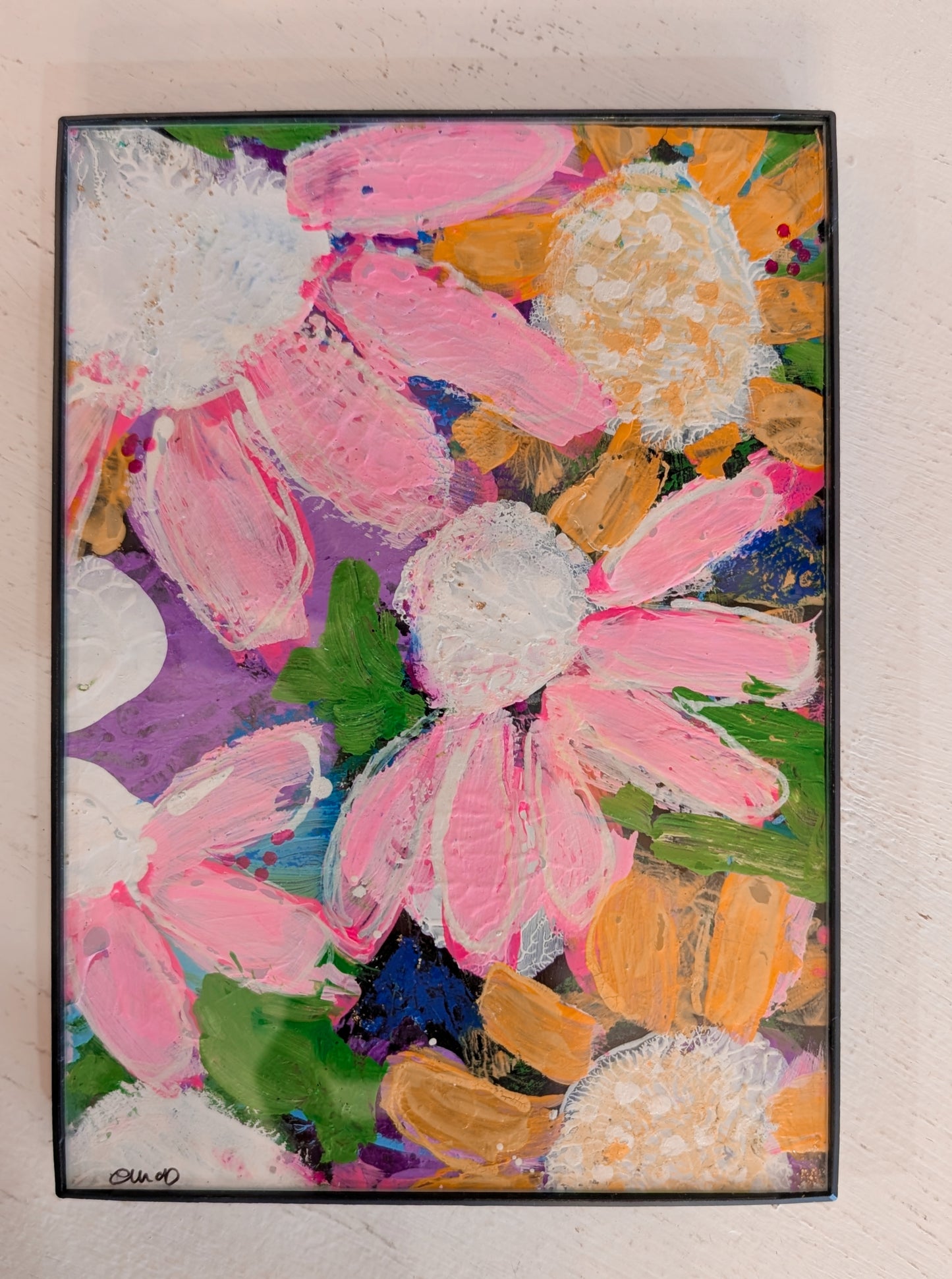 Pink Daisies,Yellow Sunflowers on Black Original Artwork by E.McD