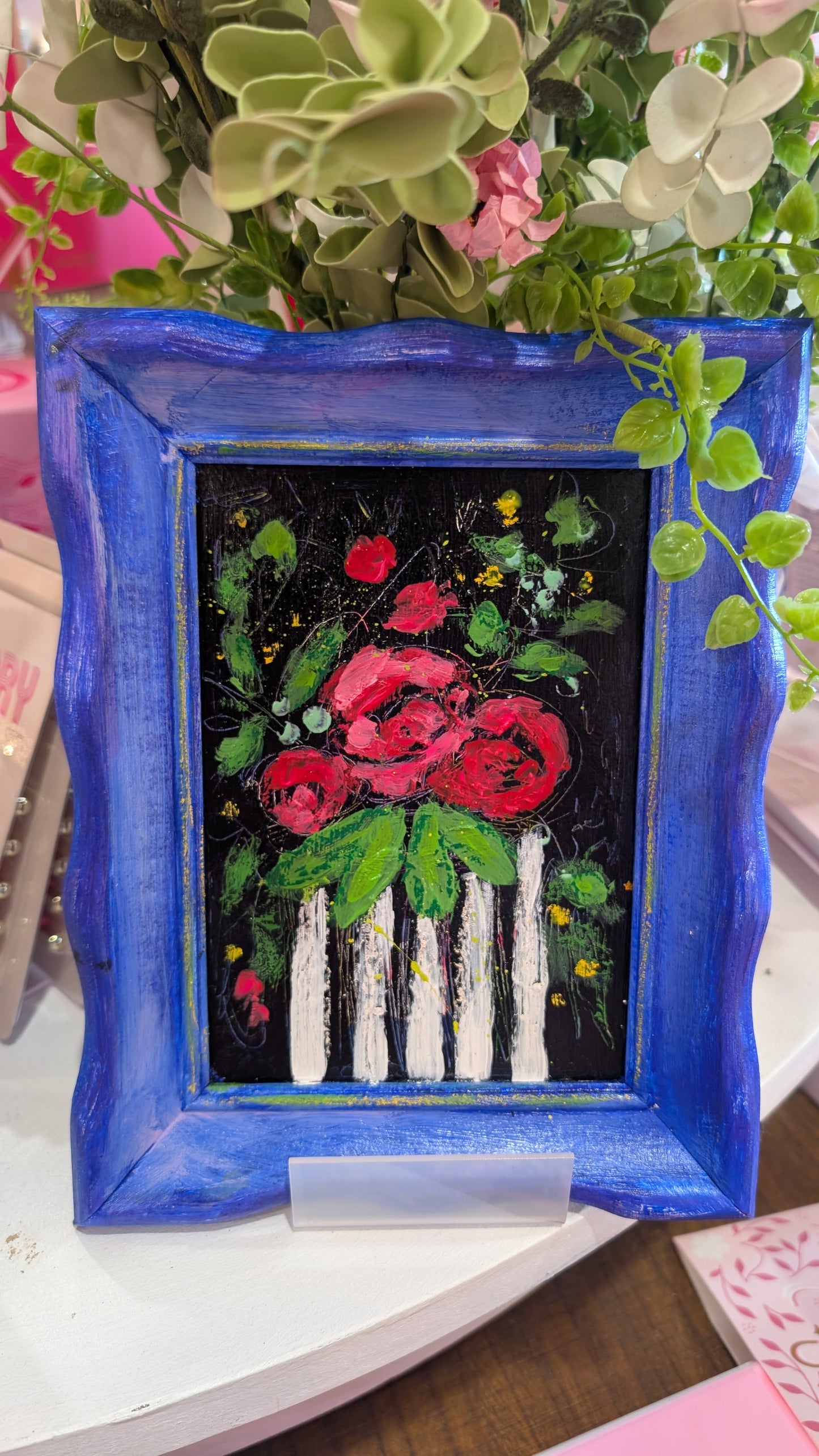 Art by E.McD-Striped Vase with Red Bouquet