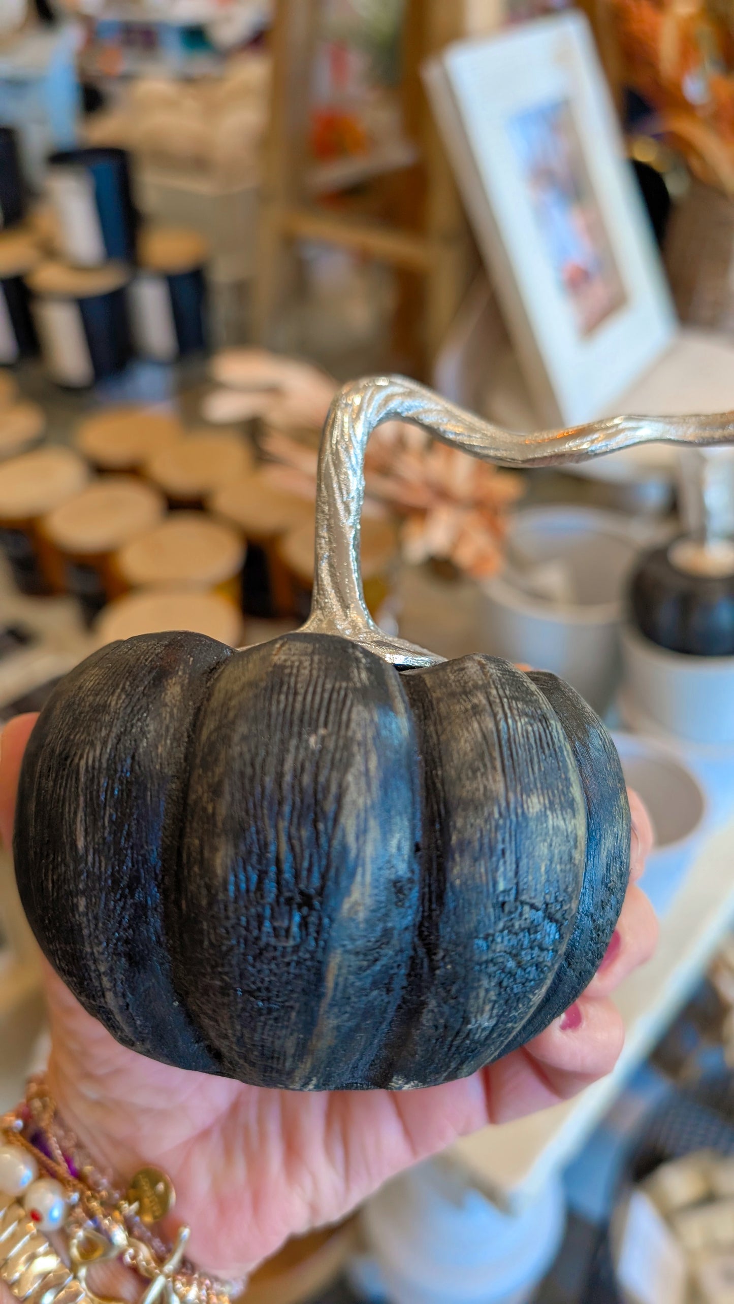 Black Wooden Pumpkin with Silver Stem