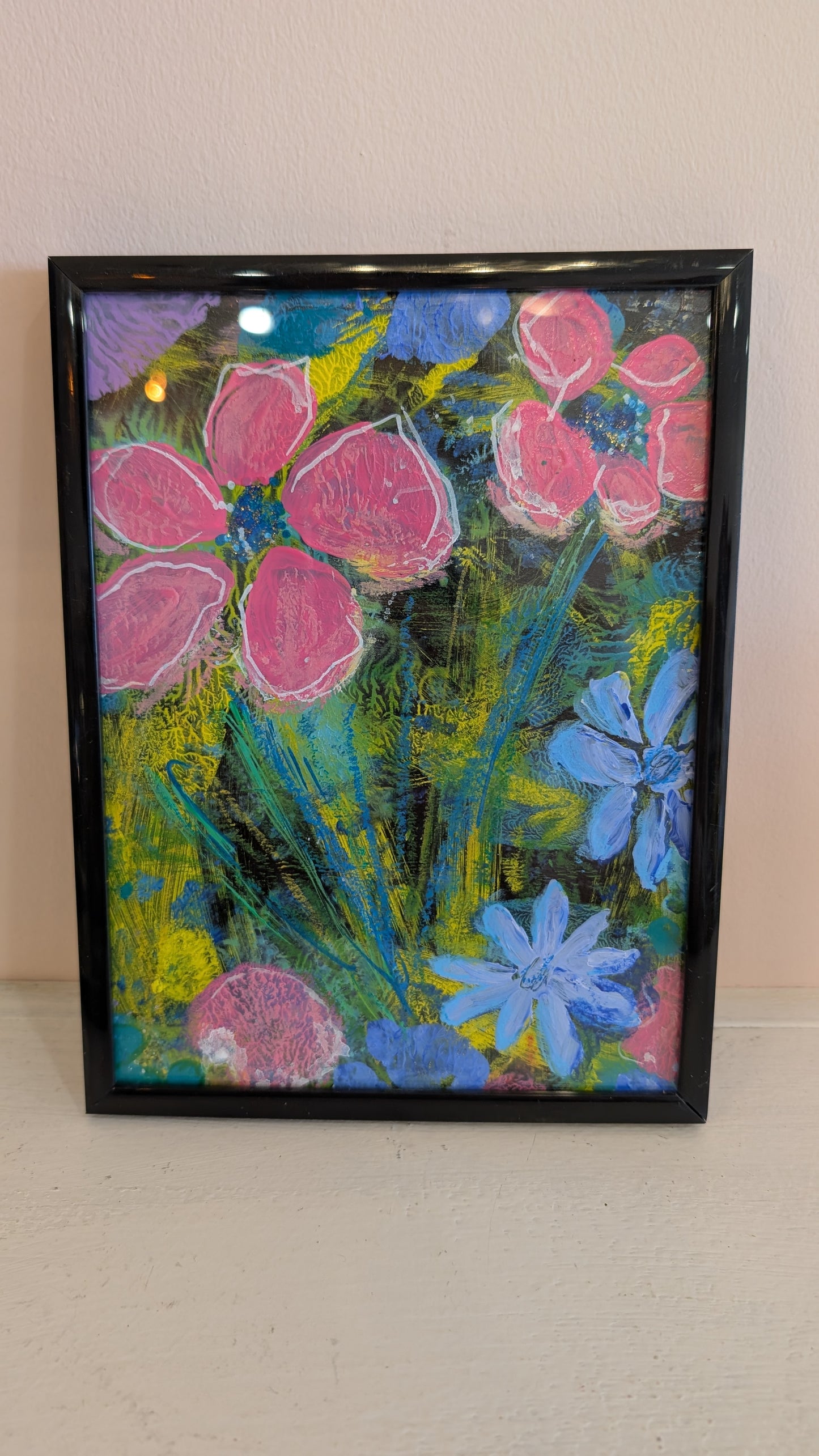 Pink Florals on Black Original Artwork by E.McD