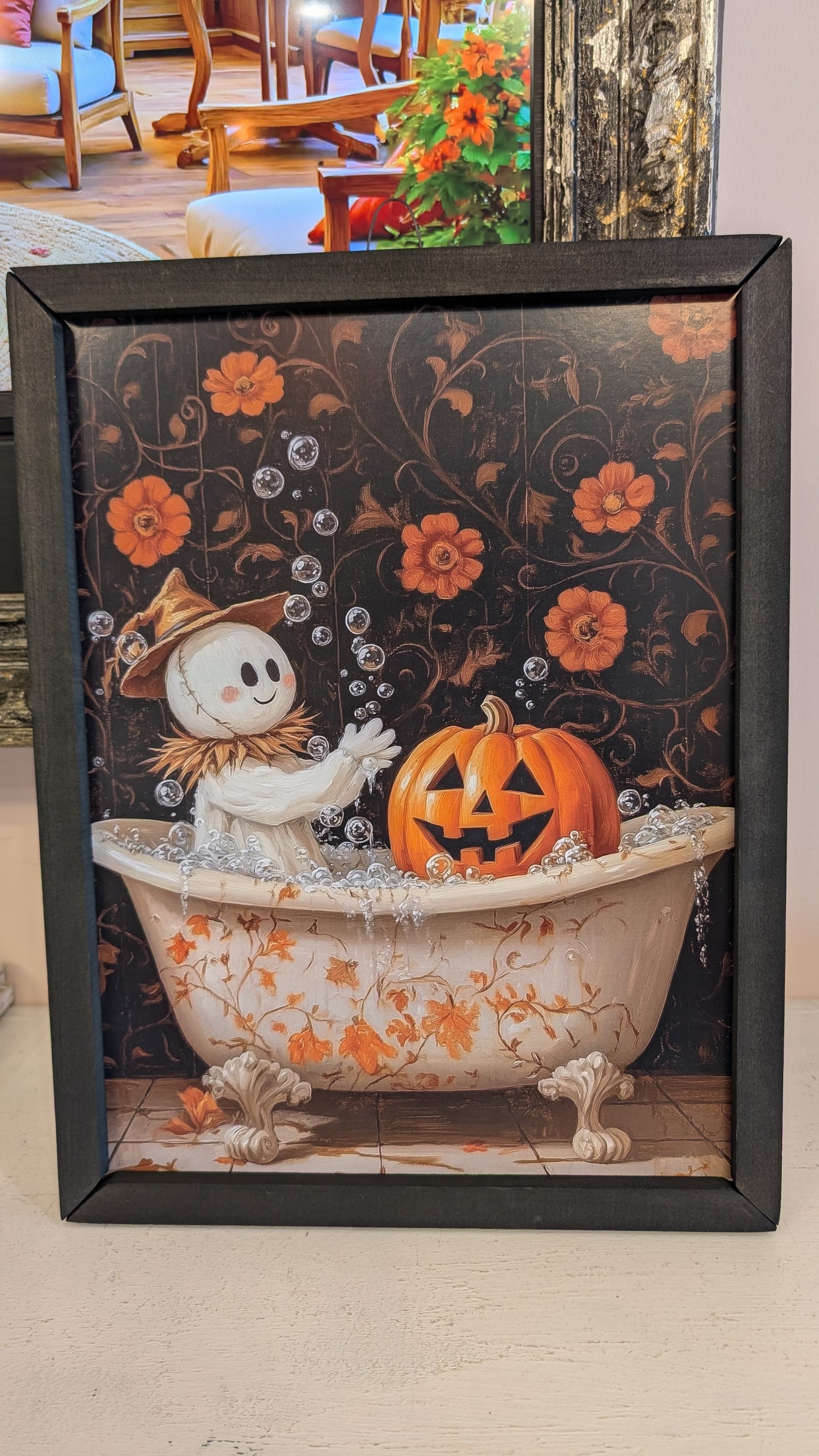 Autumn Pumpkin Scarecrow Tub 12x16 Box Framed Art