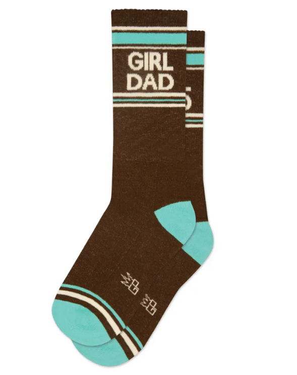 Brown sock with 'Girl Dad' text and teal accents on a white background